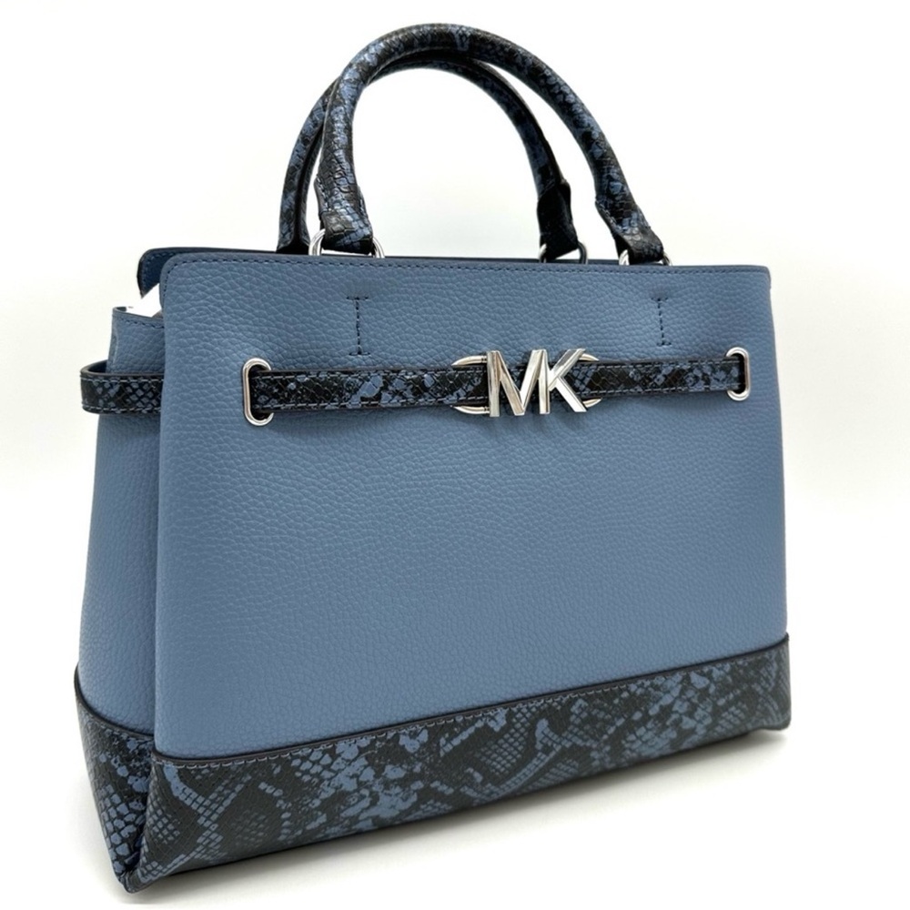 Michael Kors Large Reed Leather Belted Satchel Crossbody Bag Blue Snakeskin - Picture 3 of 12